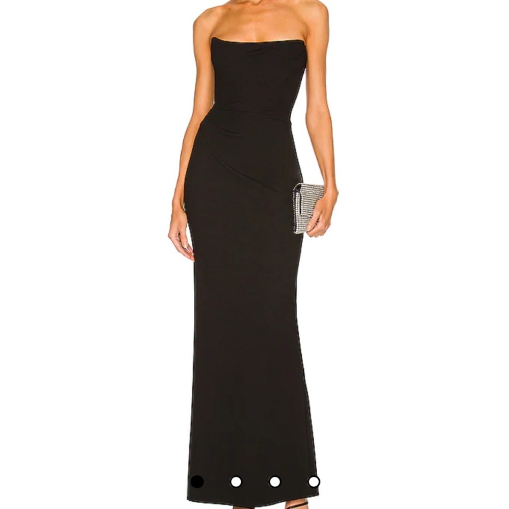 Black strapless gown with slit and built in corset/boning by X Revolve in XS.